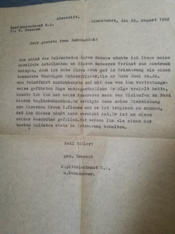 Message about death of the son, Kriegsmarine ww2