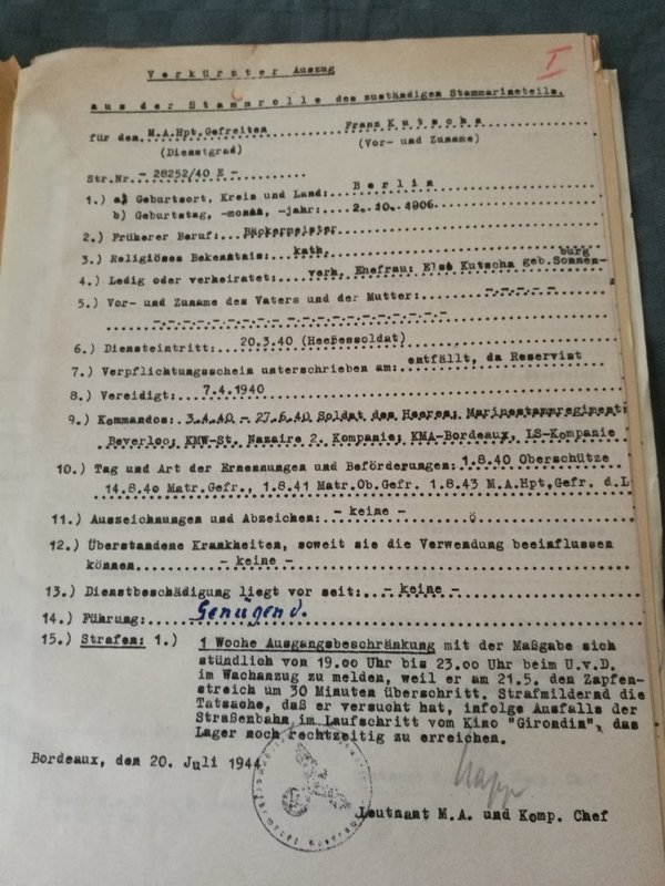 Kriegsmarine original Kriegsgerichtakte Bordeaux 1944 Wachvergehen 2wk
