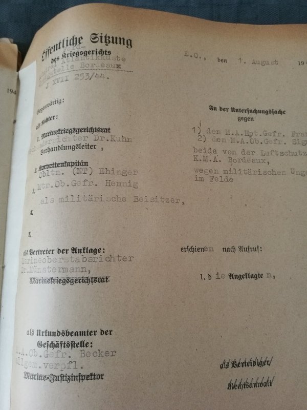 Kriegsmarine original War Court file Bordeaux 1944 guard failure ww2