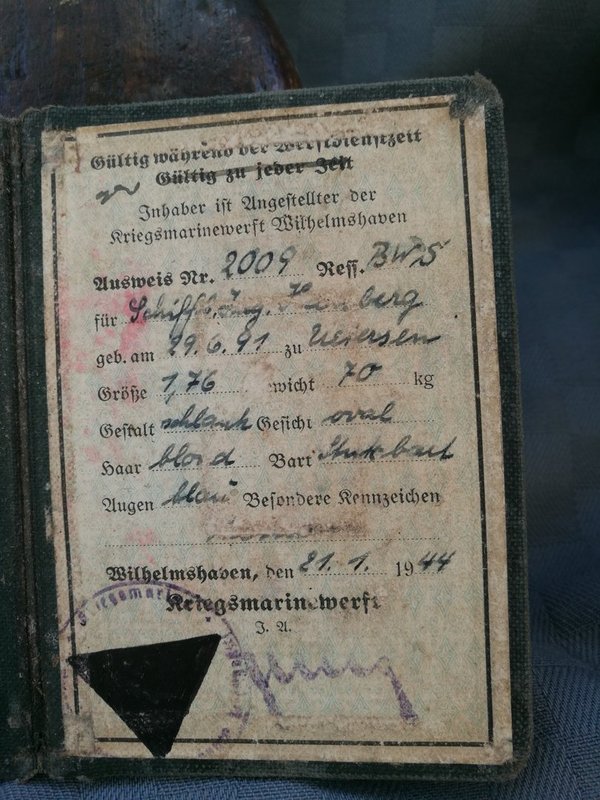 Original Dienstausweis Kriegsmarinewerft Wilhelmshaven 2wk
