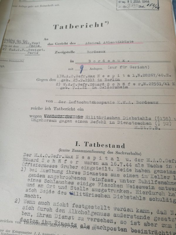 Original War Court file Kriegsmarine Bordeaux 1944 ww2