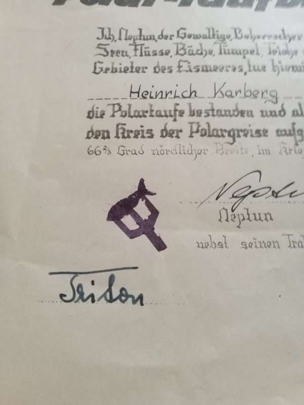 Original Kriegsmarine certificate of polar baptism ww2