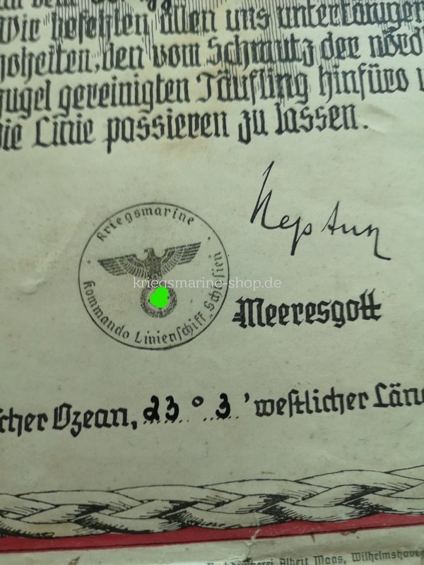 Original Kriegsmarine equator baptism certificate ww2