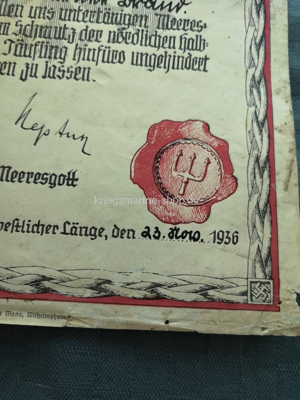 Original Kriegsmarine equator baptism certificate ww2