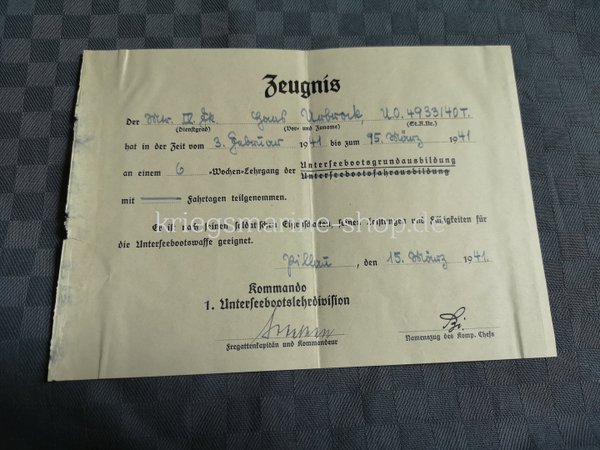 Kriegsmarine certificate U-boat basic training ww2