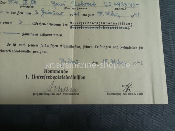 Kriegsmarine Zeugnis U-Boot Grundausbildung 2wk
