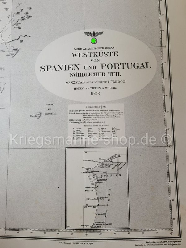 Kriegsmarine nautical chart West Coast Spain and Portugal ww2